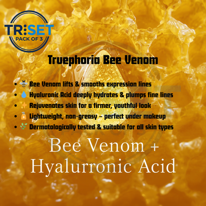 Advertisement for Truephoria Bee Venom with TRiSET branding and product details.