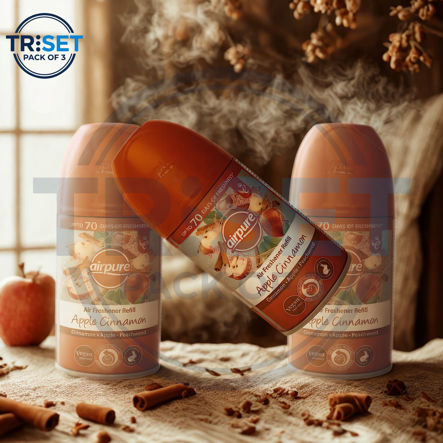 Airpure Apple Cinnamon Air Freshener Refill 250ml Pack of 3 Triset Auto Spray Can