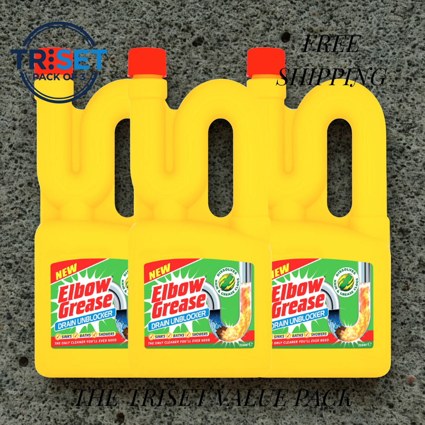 Elbow Grease Drain Unblocker 750ml Pack of 3 Heavy Duty Liquid Fast Acting