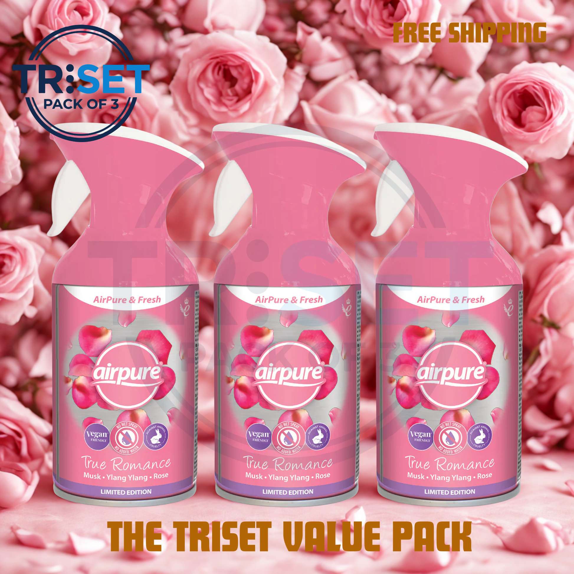 Three bottles of air freshener with a pink floral background and 'TRiset' branding.