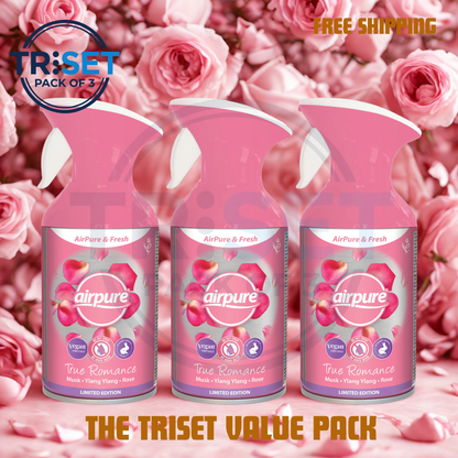Three bottles of air freshener with a pink floral background and 'TRiset' branding.