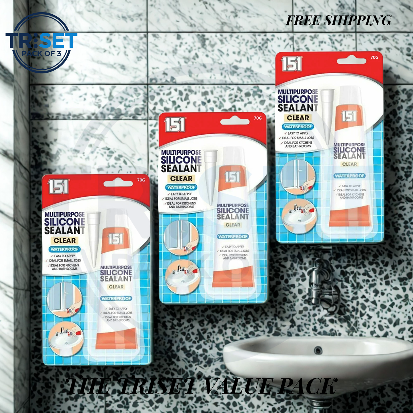 151 Multipurpose Silicone Sealant Clear 70g Pack of 3 Waterproof Kitchen Bathroom