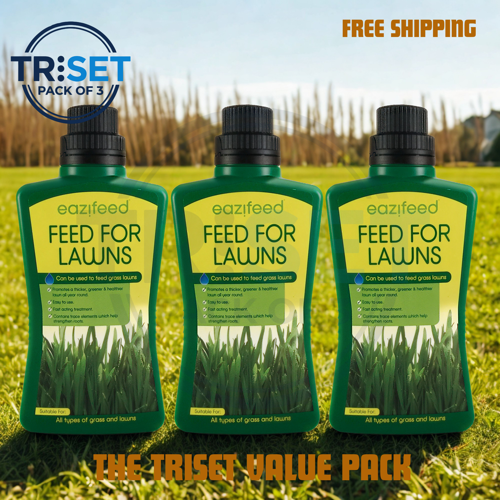 Three bottles of eazifeed Feed for Lawns on grass with a Triset logo and 'Free Shipping' text.