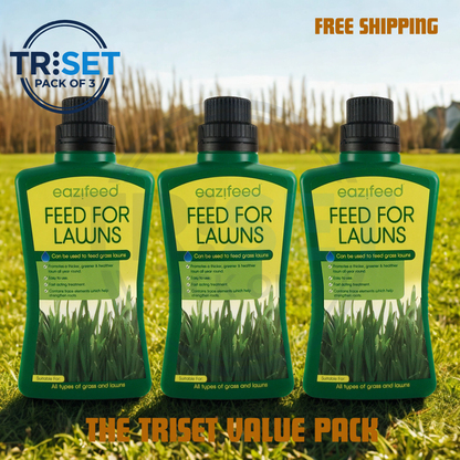 Three bottles of eazifeed Feed for Lawns on grass with a Triset logo and 'Free Shipping' text.