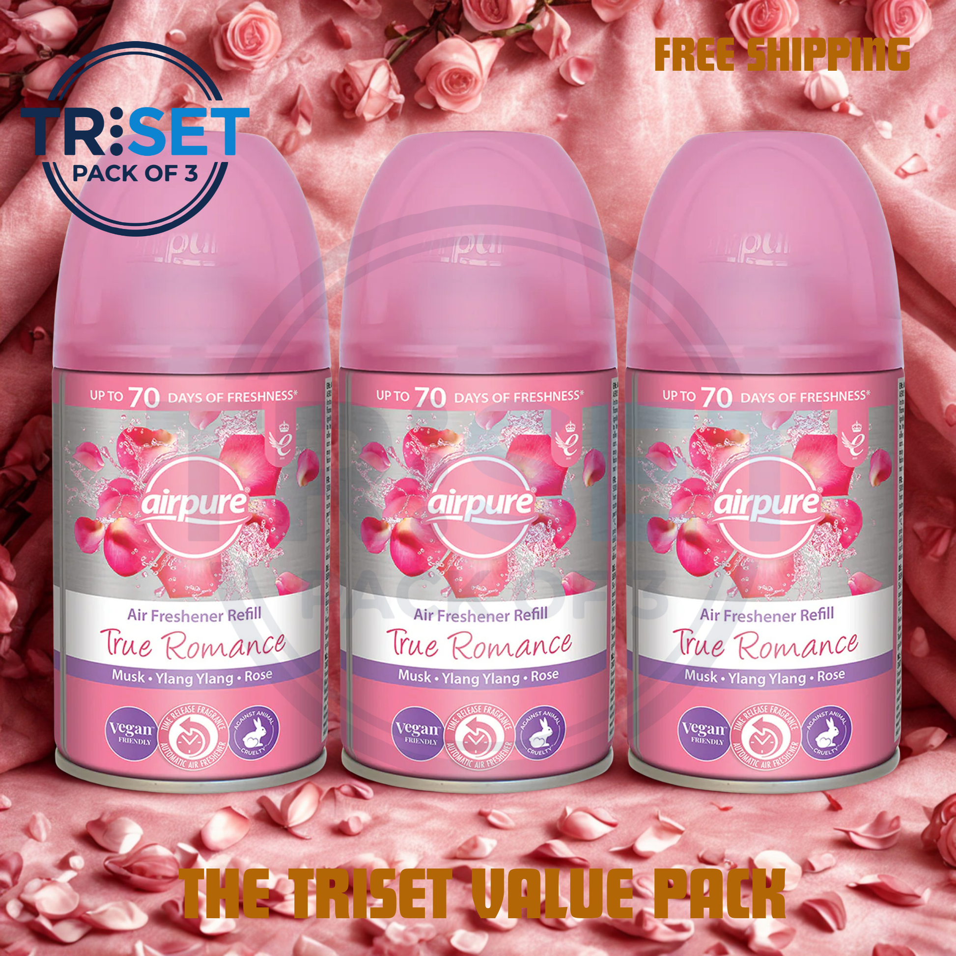 Three air freshener refills with 'True Romance' fragrance on a pink floral background, featuring the TriSet brand.