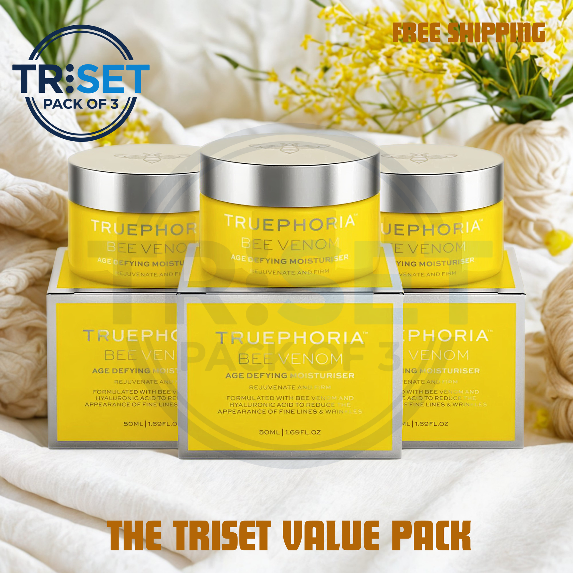 Three jars of Truephoria Bee Venom Age Defying Moisturizer with decorative background